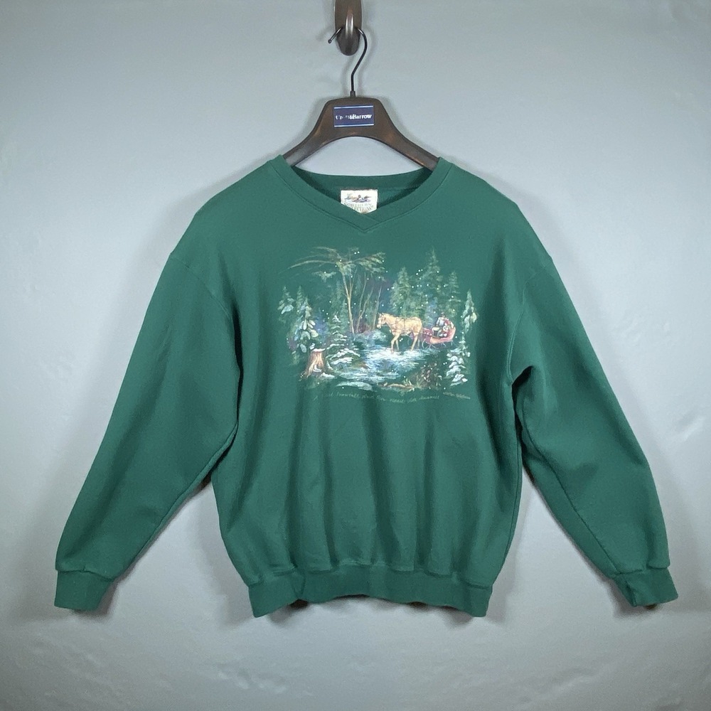 Vintage 1990s‎ Horse Drawn Carriage Forest Snow Landscape Crewneck Size M